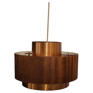 Mid-Century Brass & Veneer Pendant Lamp, 1960s For Sale