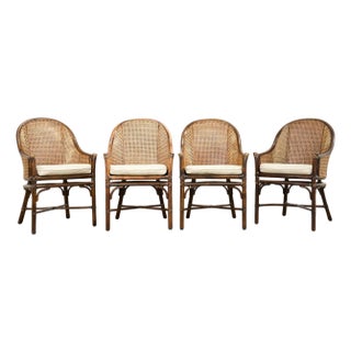 Set of Four McGuire Double Cane Barrel Back Dining Chairs For Sale