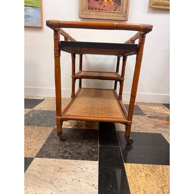 John Wisner for Ficks Reed Style Faux Bamboo Rattan Bar Cart With Tile Top, Mid-Century For Sale - Image 4 of 9