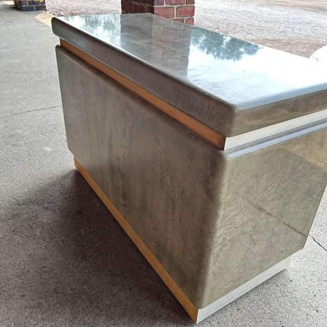 Faux Marble and Brushed Stainless Small Credenza Server Cabinet Post Modern 1980’s Karl Springer Style For Sale - Image 11 of 12