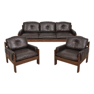 1970s Danish Modern Oak & Leather Three-Piece Living Room Suite in the Style of Esko Pajamies' Bonanza Collection For Sale