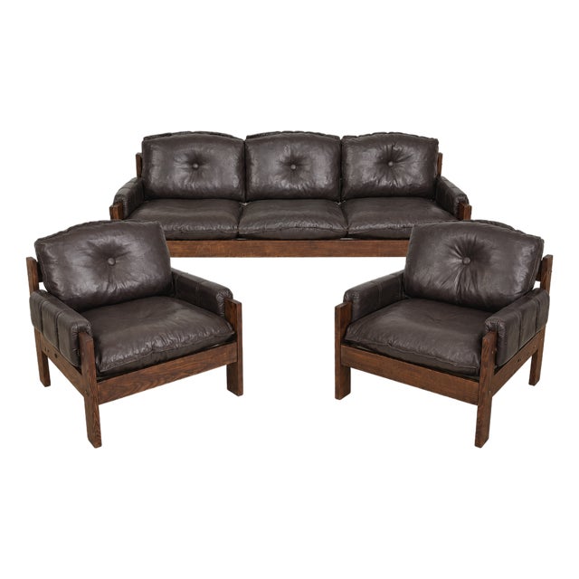 1970s Danish Modern Oak & Leather Three-Piece Living Room Suite in the Style of Esko Pajamies' Bonanza Collection For Sale