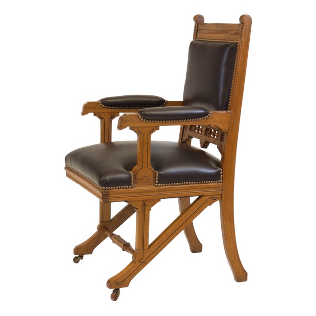 Gothic Revival Ash & Leather Armchair Desk, 1860s For Sale