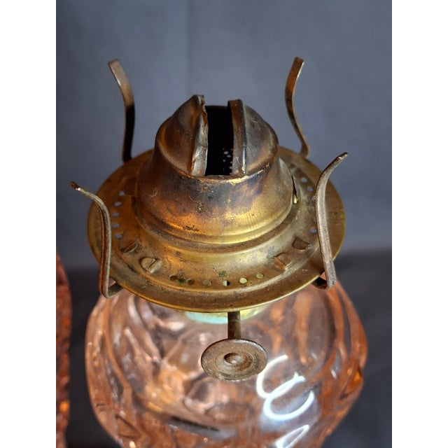 Metal Vintage Pink Pressed Glass Kerosene Table Lamps - Matching Pair With Chimneys For Sale - Image 7 of 13