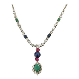 Bochic "Capri" Vintage Sapphire, Ruby & Emerald Necklace - 18K Gold & Silver For Sale