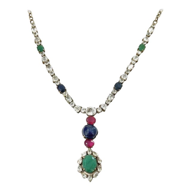 Bochic "Capri" Vintage Sapphire, Ruby & Emerald Necklace - 18K Gold & Silver For Sale