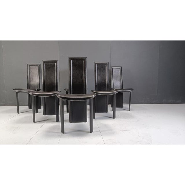 1980s Vintage Black Leather High-Back Dining Chairs, 1980s, Set of 6 For Sale - Image 5 of 11