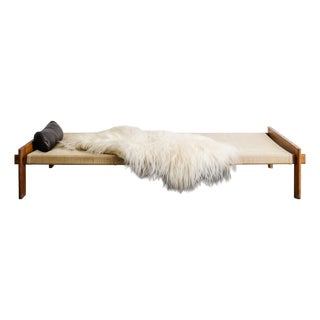 Low Mid-Century Danish Wood, Canvas, Leather and Sheepskin Daybed by Tage Poulsen, 1950s For Sale