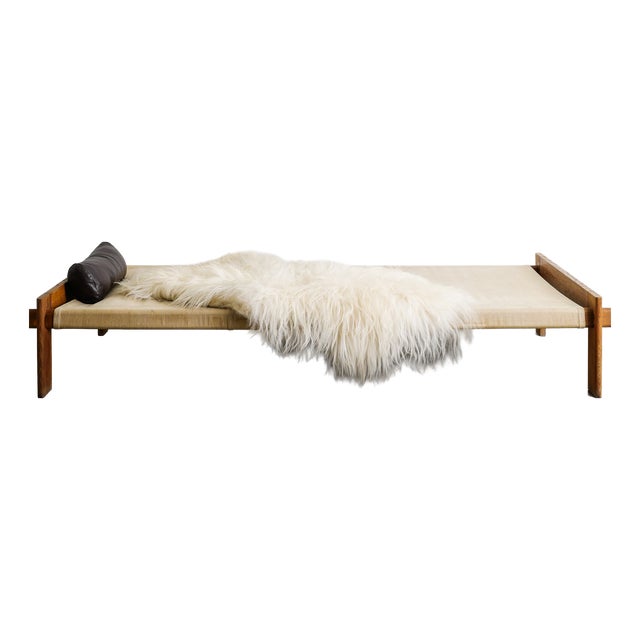 Low Mid-Century Danish Wood, Canvas, Leather and Sheepskin Daybed by Tage Poulsen, 1950s For Sale