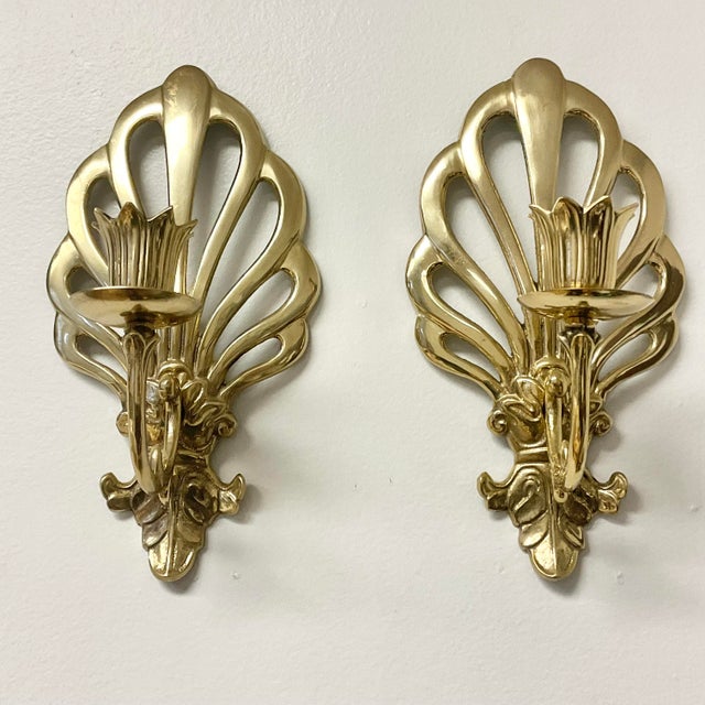 Metal 1970s Vintage French Peacock Lacquered Brass Candleholder Wall Sconces - A Pair For Sale - Image 7 of 17