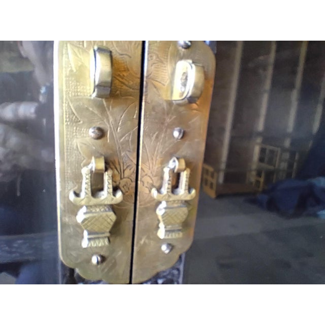 Black Black Lacquer Chinese Carved Cabinet Brass Hardware Intricate Asian Design For Sale - Image 8 of 12