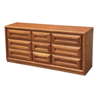 Vintage Bassett Sculptural Oak Nine-Drawer Dresser For Sale