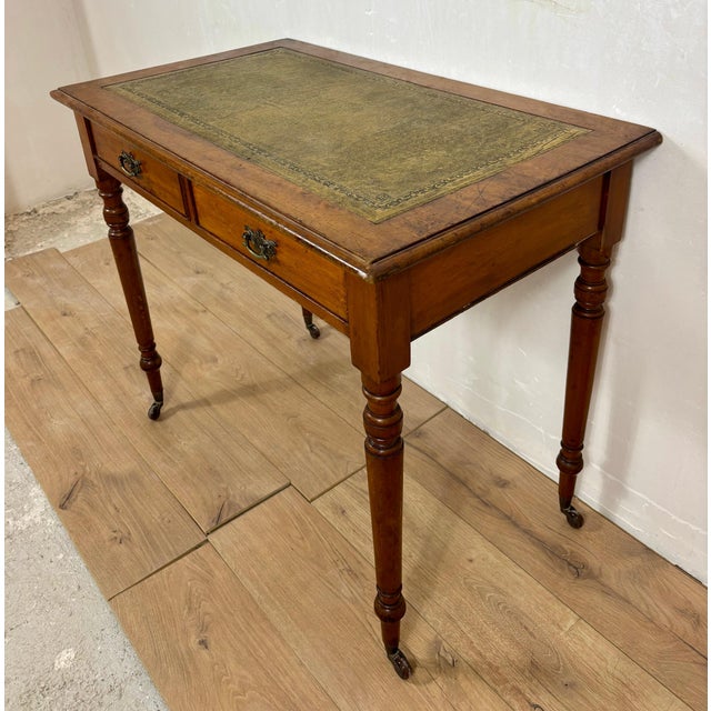 Antique English Style Wooden Writing Table with Leather Top and Drawers, 1930s For Sale - Image 10 of 14