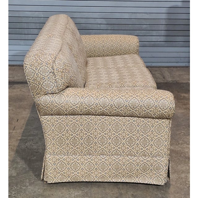 Late 20th Century Baker Furniture Rolled Arm Sofa Three Cushions Skirted Base Blue and Gold Fabric For Sale In Cleveland - Image 6 of 9
