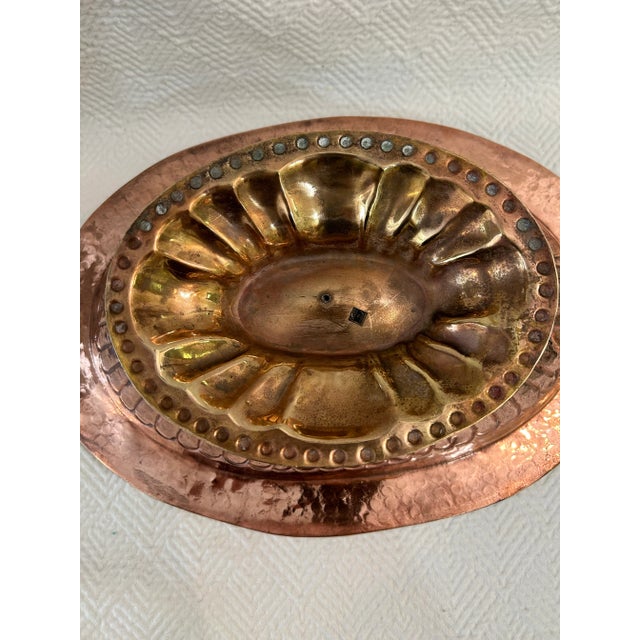 Vintage Hammered Copper and Brass Oval Pedestal Bowl With Grapes Handles For Sale - Image 9 of 10