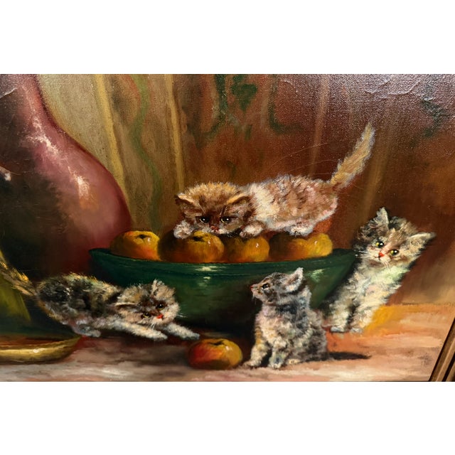1940s European Oil on Canvas Still Life With Kittens, Fruit and Bottles, Signed De Beer, Circa 1940 For Sale - Image 5 of 15