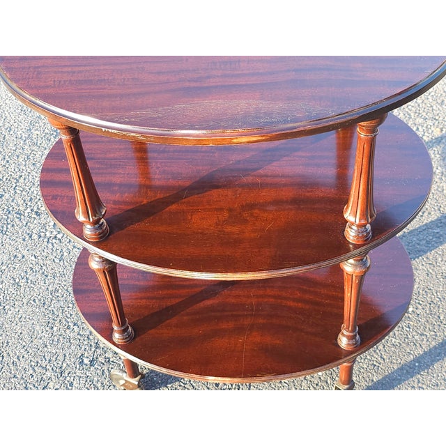Wood Early 20th Century Mahogany Oval Three-Tiered Rolling Bar Cart For Sale - Image 7 of 13