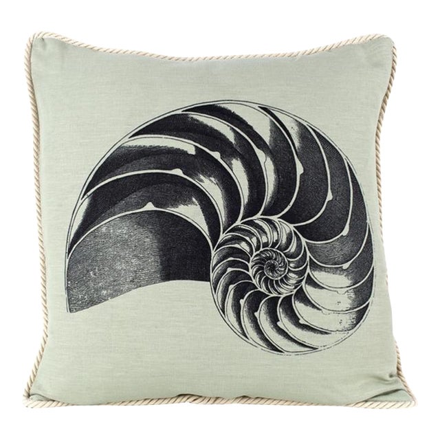 Nautilus Seashell in Sea Green Linen Pillow For Sale