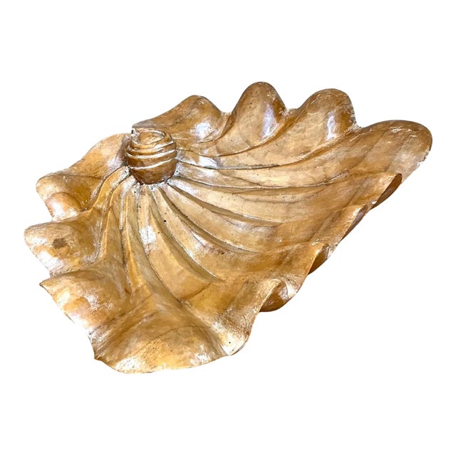 Vintage Carved Wood Clam Shell- Shaped Bowl For Sale