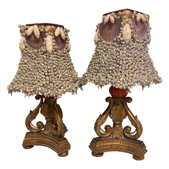 1960s Florentine Tole Fine Scallop Seashell Amber Glass Table Lamps Pair Very Rare - a Pair For Sale