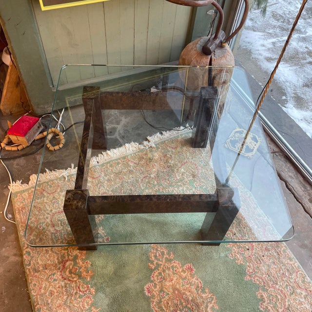 Wood 1970s Burl-Wood Veneer and Glass Milo Baughman Style Coffee Table For Sale - Image 7 of 7