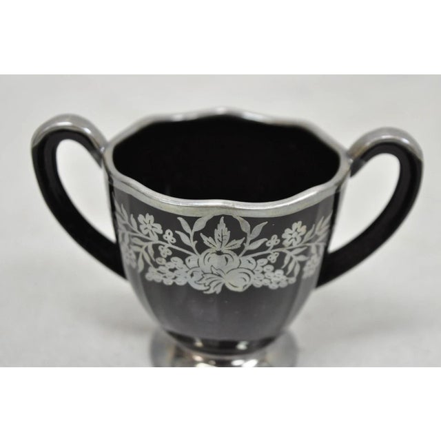Mid 20th Century Vintage Rockwell Black Amethyst Glass Creamer Sugar Set Sterling Silver Overlay For Sale - Image 5 of 14