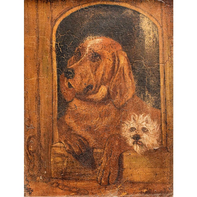 Rustic Dog House Scene Framed Antique Animal Portrait Oil Painting of Dogs For Sale - Image 4 of 9