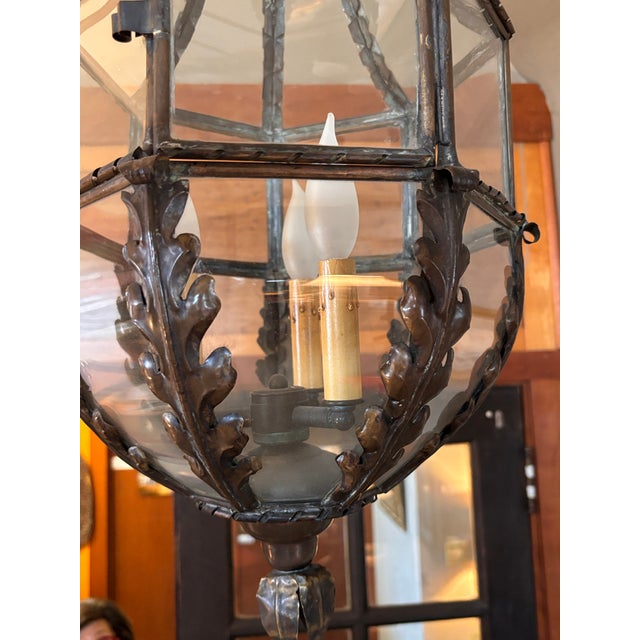 Brown Antique Lantern-Shaped Ceiling Fixture With Three Arm Light Source Within For Sale - Image 8 of 11