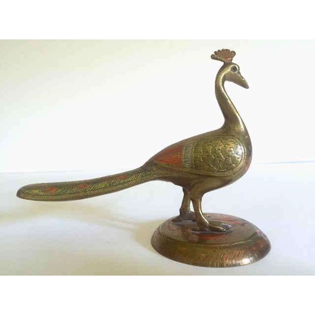 Vintage Mid Century India Cast Brass Hand Incised Color Peacock Bird