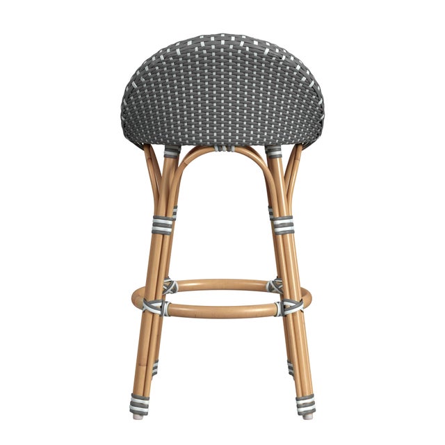 Tobias 24.5 in. Seat Height Outdoor Rattan and Metal Low Back Counter Stool, Gray/White Dot / Natural Rattan Frame For Sale In Chicago - Image 6 of 8