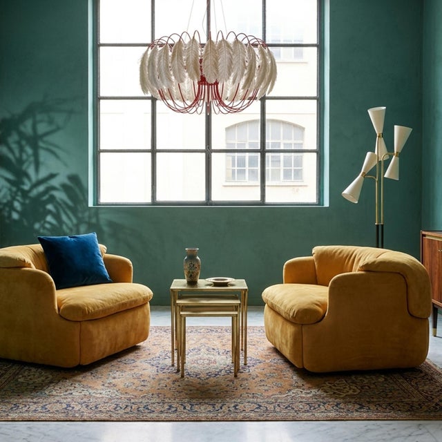 Mid-Century Modern Confidential Lounge Chairs in Ochre Suede by Alberto Rosselli for Saporiti, 1970s, Set of 2 For Sale - Image 3 of 12