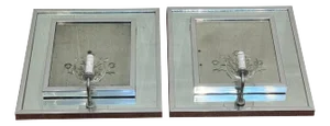 Pair French Modern Engraved Floral Baskets Mirror & Crystal Wall Sconces
