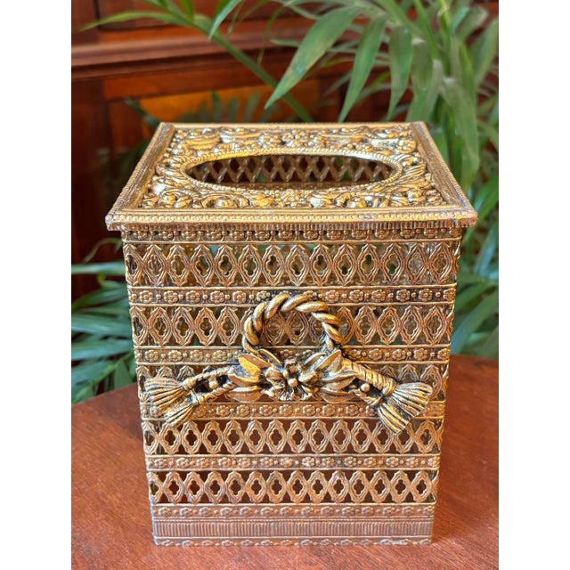 Metal Hollywood Regency Gold Ormolu Filigree Tissue Holder Cover For Sale - Image 7 of 7