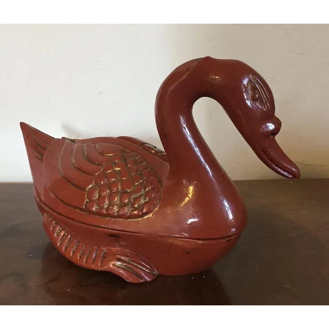 Antique Chinese Red Orange Lacquer Carved Wood Duck Goose Box For Sale In New York - Image 6 of 11
