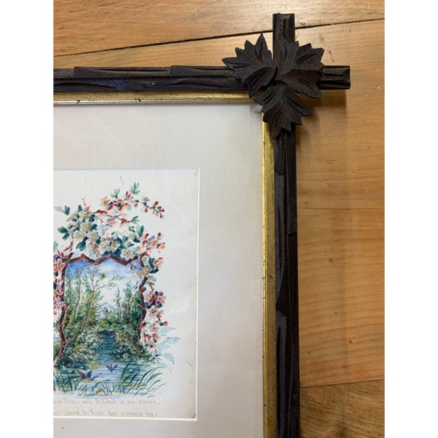 Late 19th Century Antique Black Forest Wood Frame With Antique Water Color Painting For Sale - Image 5 of 8