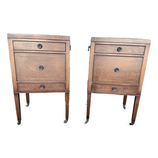 Early 20th Century Pair of Regency Style Inlaid Mahogany Three Drawer Bedside Tables/ Nightstands For Sale
