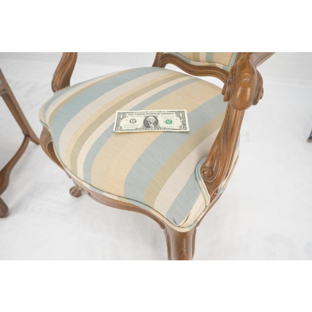 Pair Carved Striped Upholstery Tall Backs Carved Walnut Scallop Design Decorated For Sale - Image 9 of 17