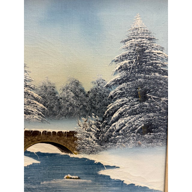 Mid-Century Modern 50's Vintage Winter Landscape Oil on Canvas For Sale - Image 3 of 9