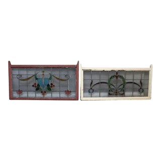 Pair Frank Lloyd Wright Style Arts & Crafts Leaded Stained Glass Windows C1920 For Sale