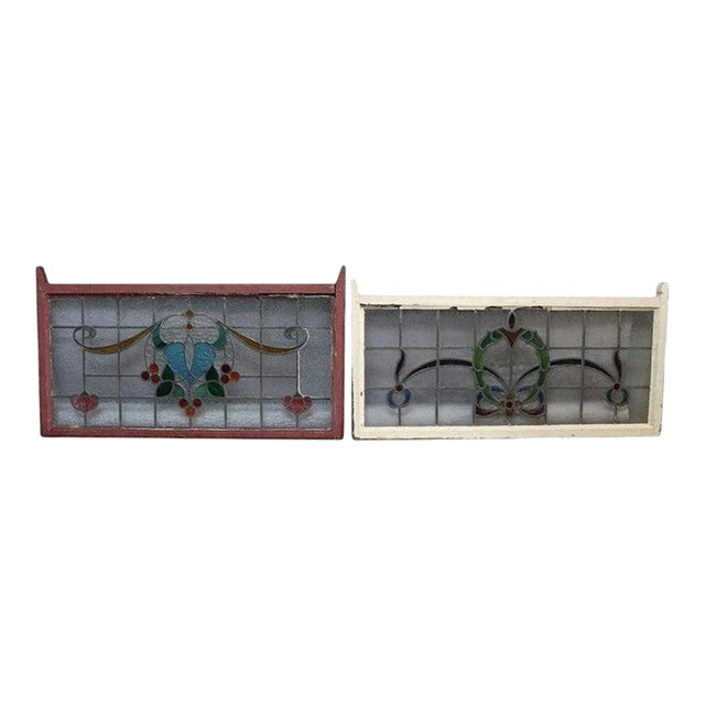 Pair Frank Lloyd Wright Style Arts & Crafts Leaded Stained Glass Windows C1920 For Sale