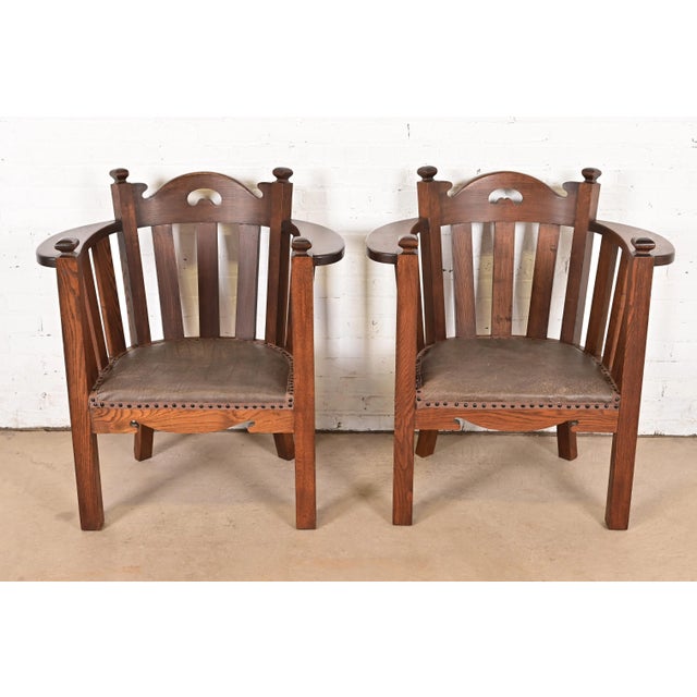 Stickley Brothers Style Antique Mission Oak Arts & Crafts Cube Club Chairs, Pair For Sale - Image 12 of 12
