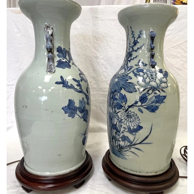 Mid 20th Century Vintage Hand Painted Celadon Vases Converted to Lamps- a Pair For Sale - Image 5 of 13