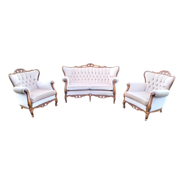 Louis XVI French Château Living Room Set in Upholstered Hand-Carved Walnut, Mid-19th Century, Set of 3 For Sale