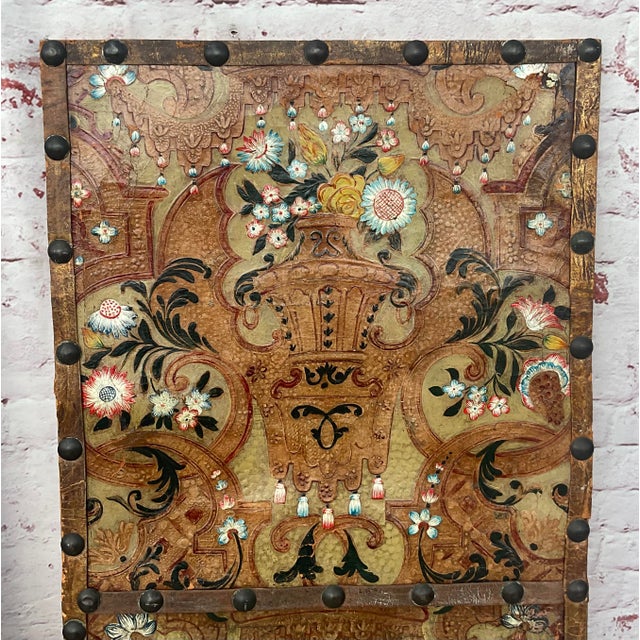 Late 20th Century Italian Painted and Tooled Leather Panels a Pair For Sale - Image 5 of 12