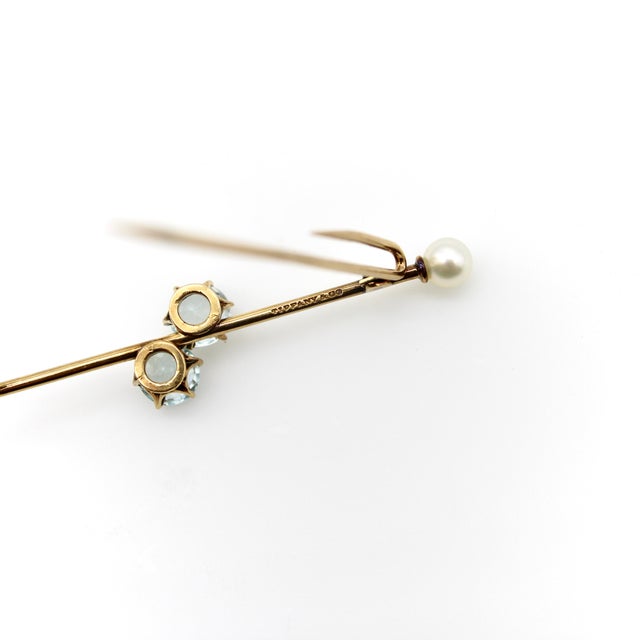 Metal Early 20th Century Tiffany & Co. Edwardian 16k Gold Scarf Pin/ Brooch With Aquamarine and Pearl For Sale - Image 7 of 9