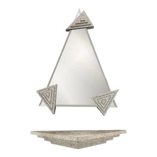 Postmodern Geometric Mirror With Sculptural Base – Stone Composite / 1980s Style For Sale