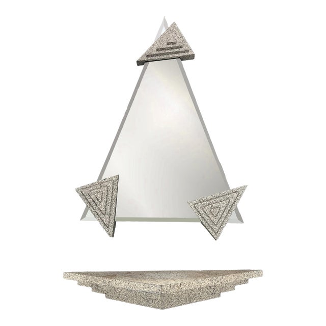 Postmodern Geometric Mirror With Sculptural Base – Stone Composite / 1980s Style For Sale
