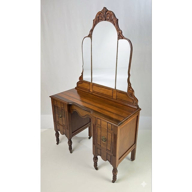 Antique Art Deco Vanity With Arched Triple Mirror For Sale - Image 4 of 13