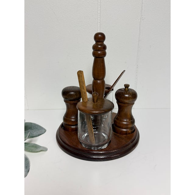 Vintage Mid-Century Wood & Glass Condiment Caddy Salt & Pepper Mill Set For Sale - Image 9 of 12
