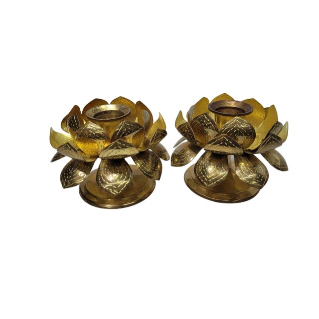 Mid Century Lotus Brass Candle Holders - a Pair For Sale - Image 11 of 11